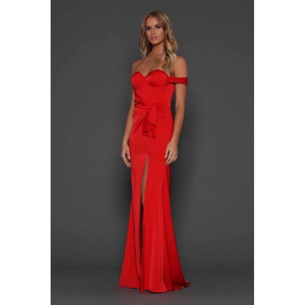 ELLE ZEITOUNE Maise satin strapless one shoulder thigh high slit gown